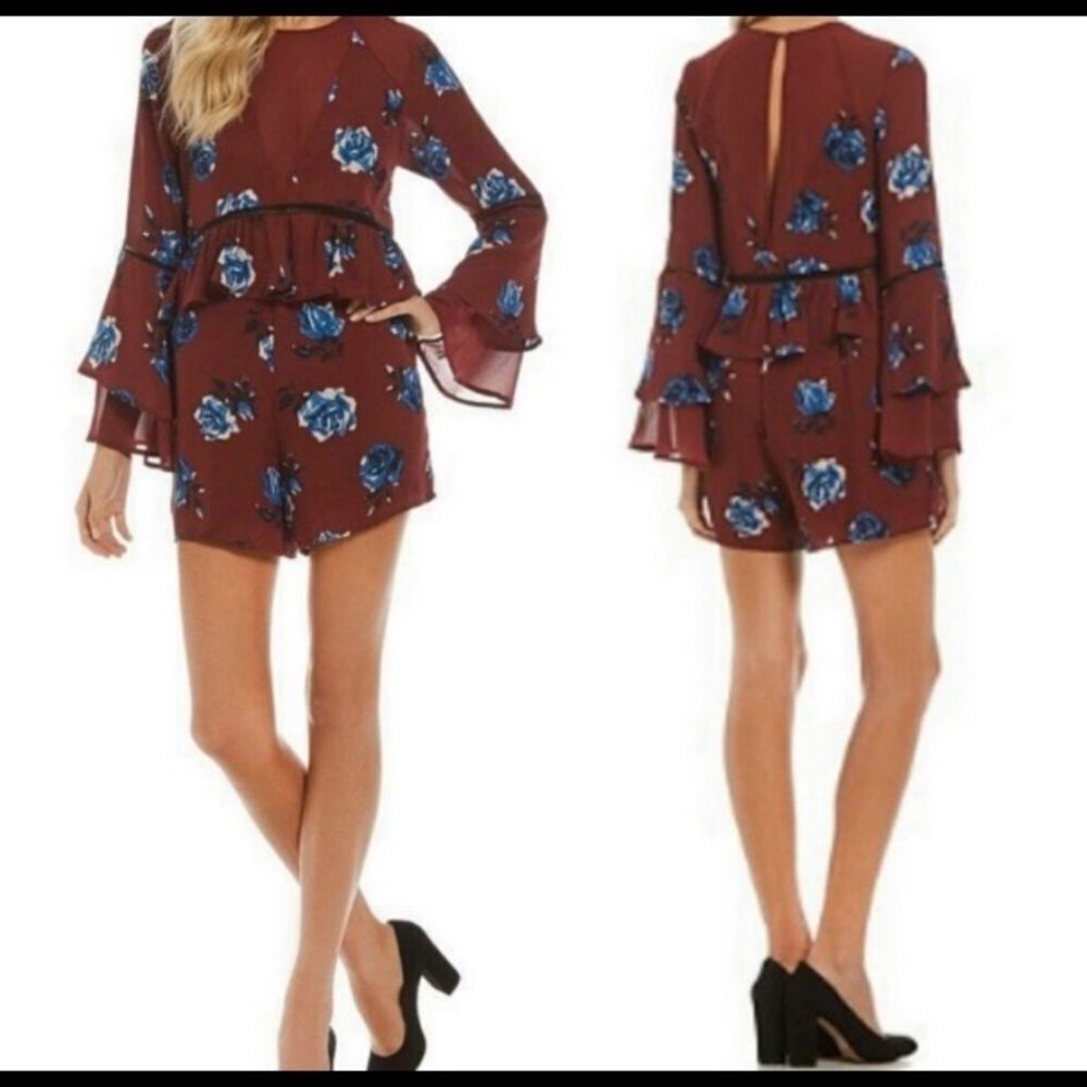 GIANNI Bini Maroon Floral‎ Long Sleeve Romper
